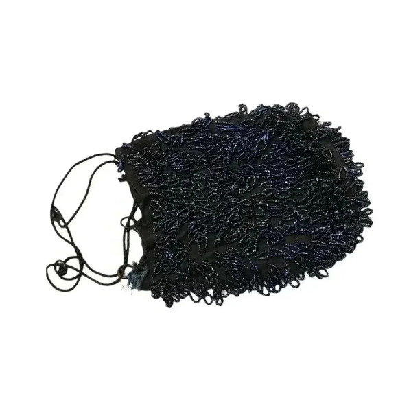 Blue Beaded Fringe Flapper Pouch Purse Antique Vintage Victorian Edwardian TLC - Picture 2 of 4